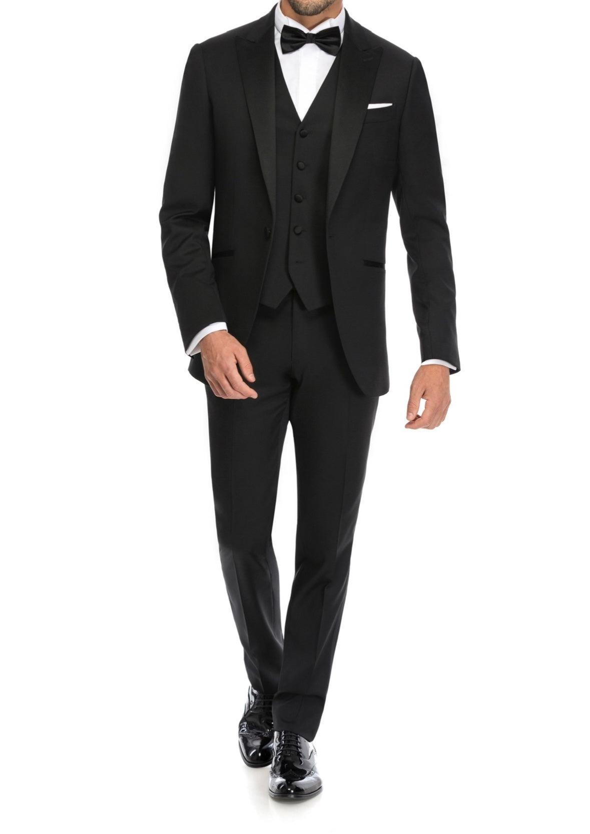 SEMI BESPOKE TUXEDO SUIT | DOUBLE BREASTED DARK BLACK & BLACK SILK - MATHIEU CASTANIER MC