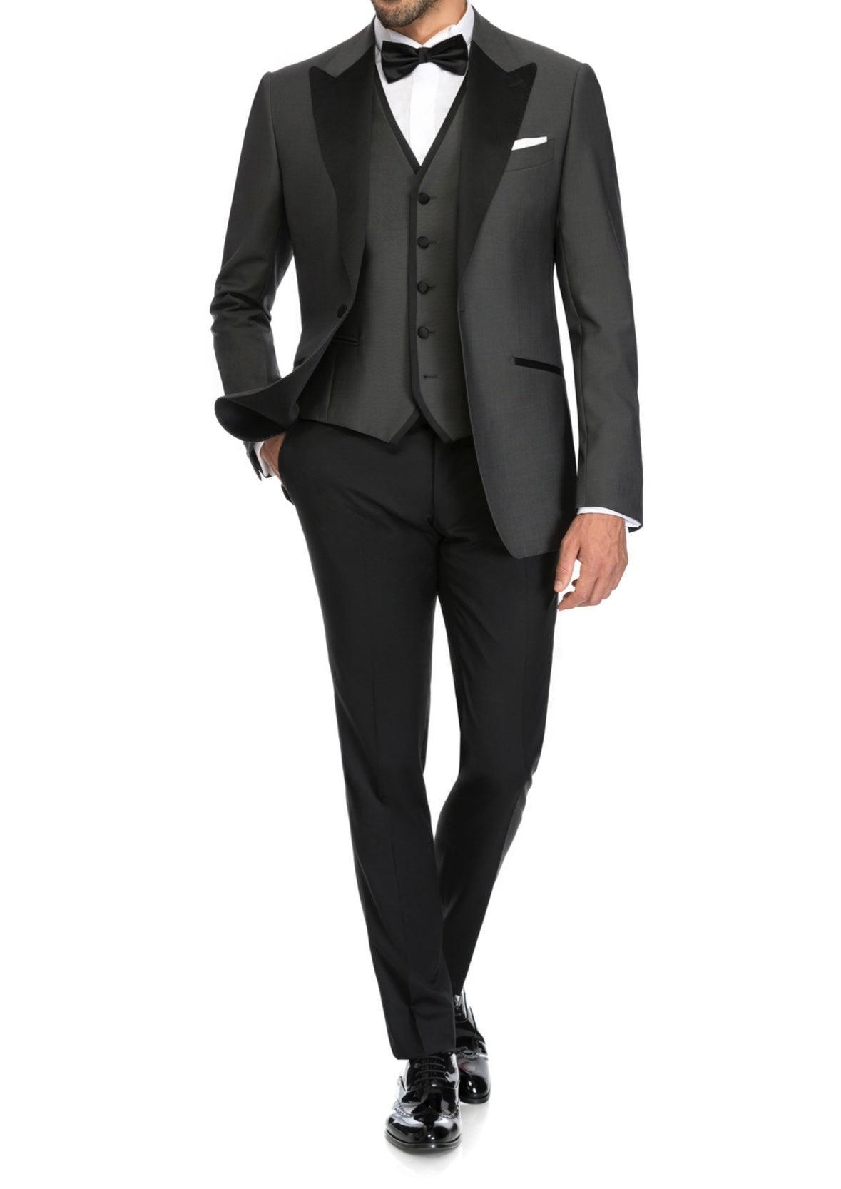 SEMI BESPOKE TUXEDO SUIT | SINGLE BREASTED CHARCOAL GREY & BLACK SILK - MATHIEU CASTANIER MC