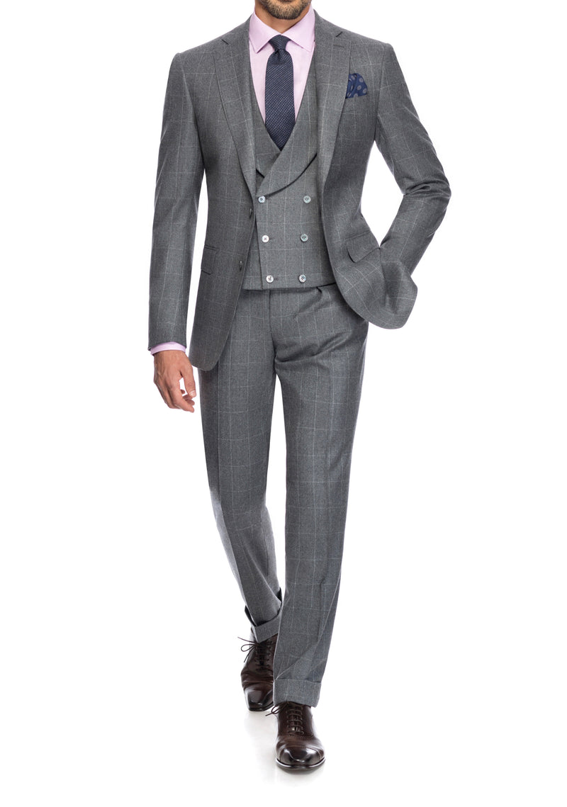 SEMI BESPOKE BUSINESS SUIT | SINGLE BREASTED | WINDOWPANE GREY FLANNEL