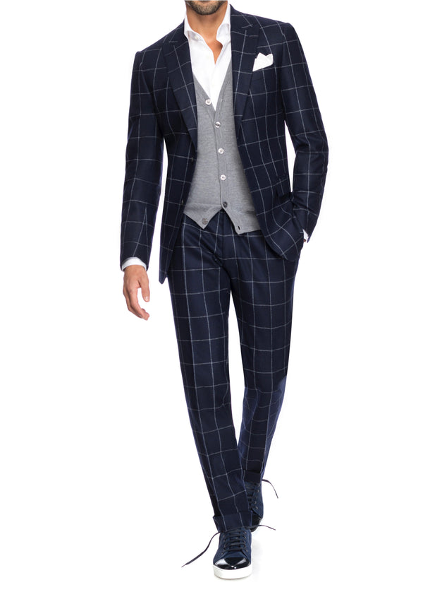 SEMI BESPOKE BUSINESS SUIT | SINGLE BREASTED | WINDOWPANE DARK BLUE FLANNEL