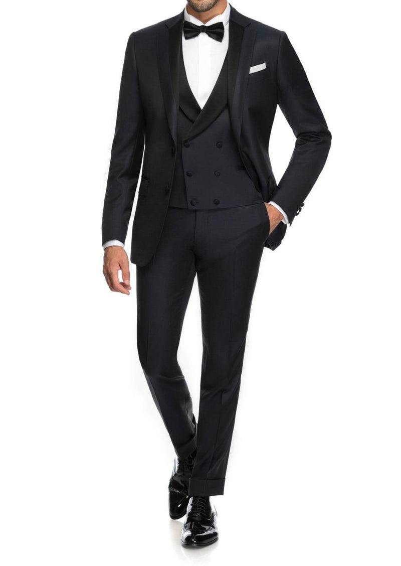 SEMI BESPOKE TUXEDO SUIT | DOUBLE BREASTED DARK BLUE & BLACK SILK - MATHIEU CASTANIER MC