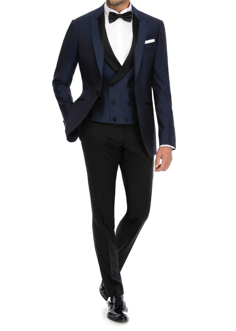 SEMI BESPOKE TUXEDO SUIT | SEMI BESPOKE TUXEDO SUIT | DOUBLE BREASTED NAVY BLUE & BLACK SILK - MATHIEU CASTANIER MC