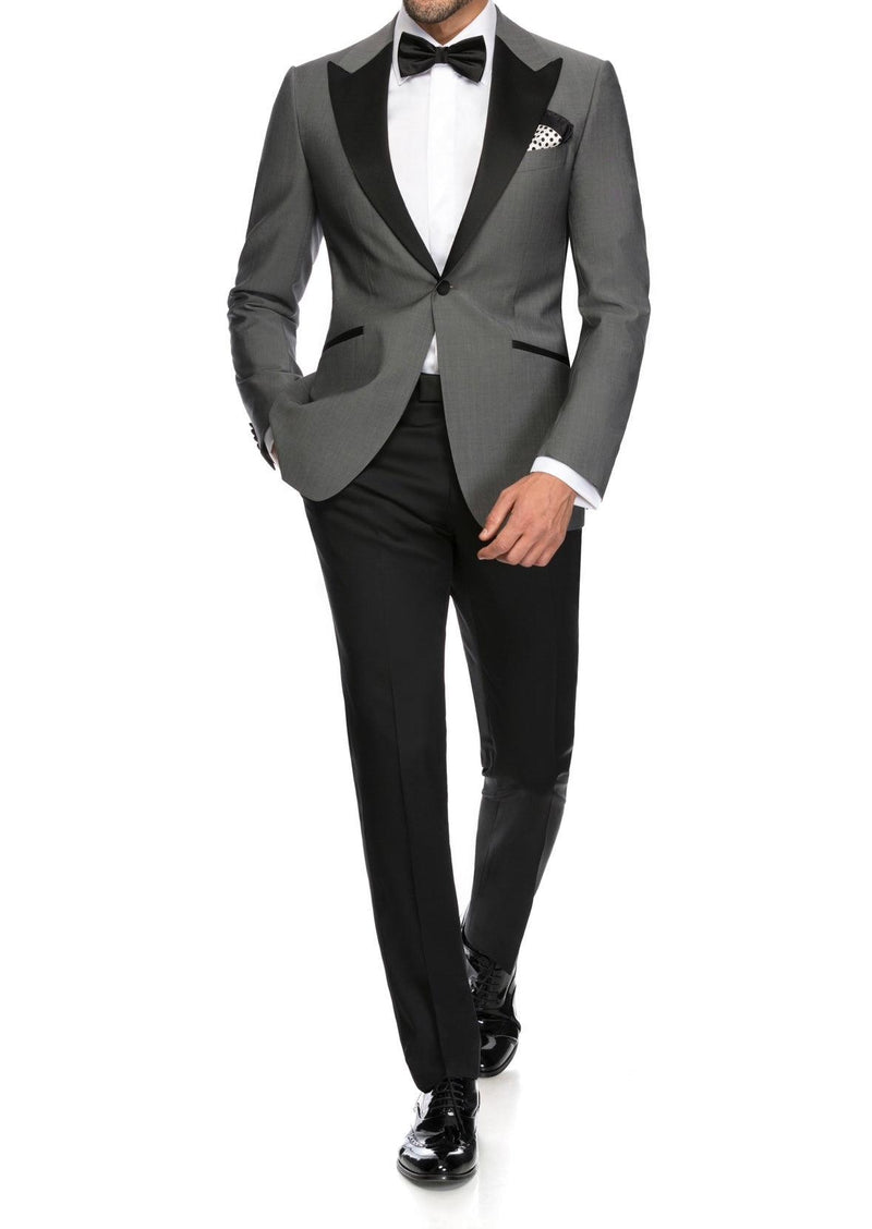 SEMI BESPOKE TUXEDO SUIT | SINGLE BREASTED LIGHT GREY & BLACK SILK - MATHIEU CASTANIER MC